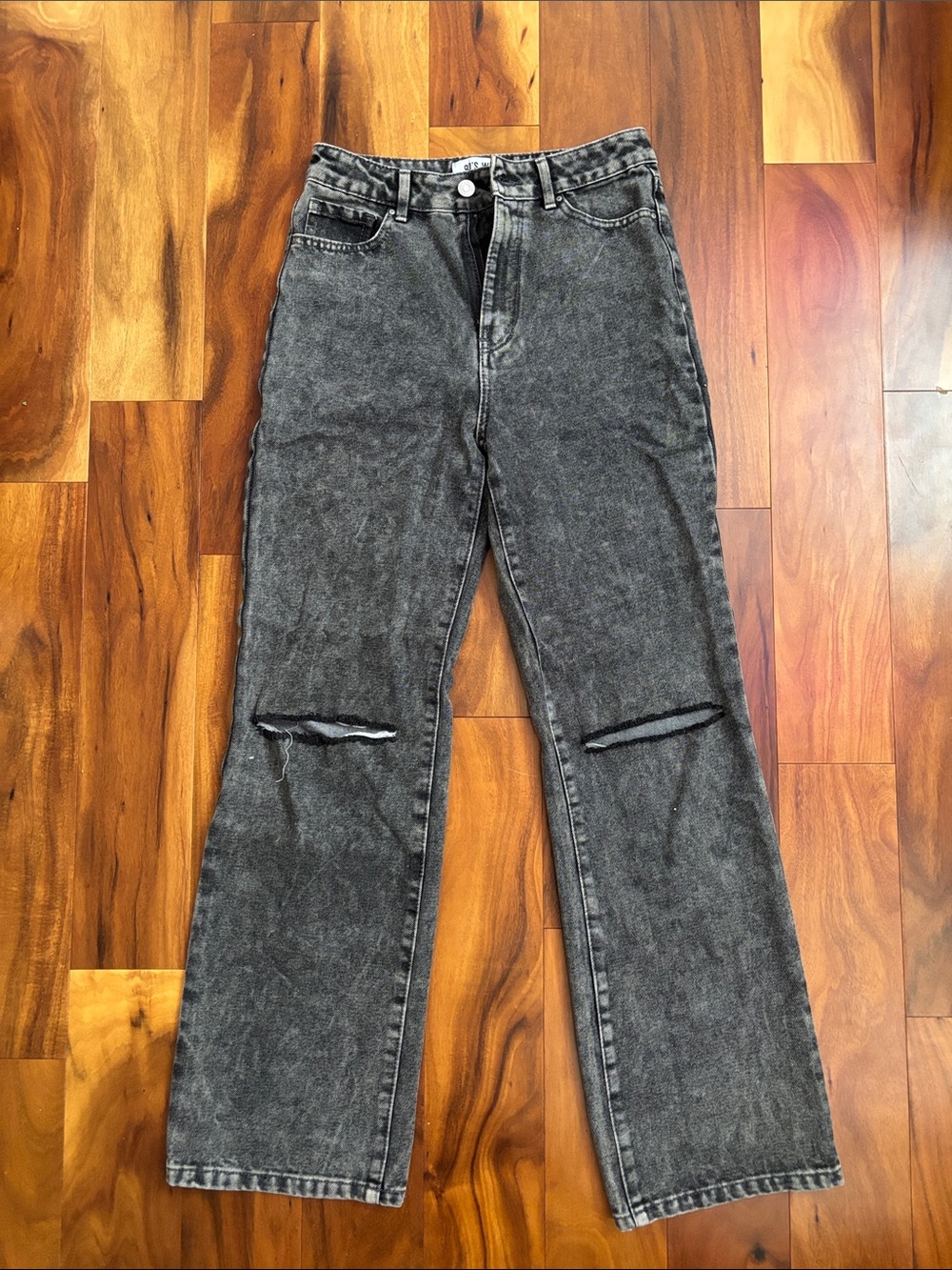 refuge Black Acid-Wash Wide Leg Jeans with Knee Slits